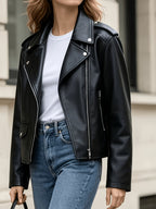 European Women's Jacket - Front Zip PU Short Jacket, Spring/Autumn Casual Long Sleeve Lightweight Outerwear, Women's Clothing - Black