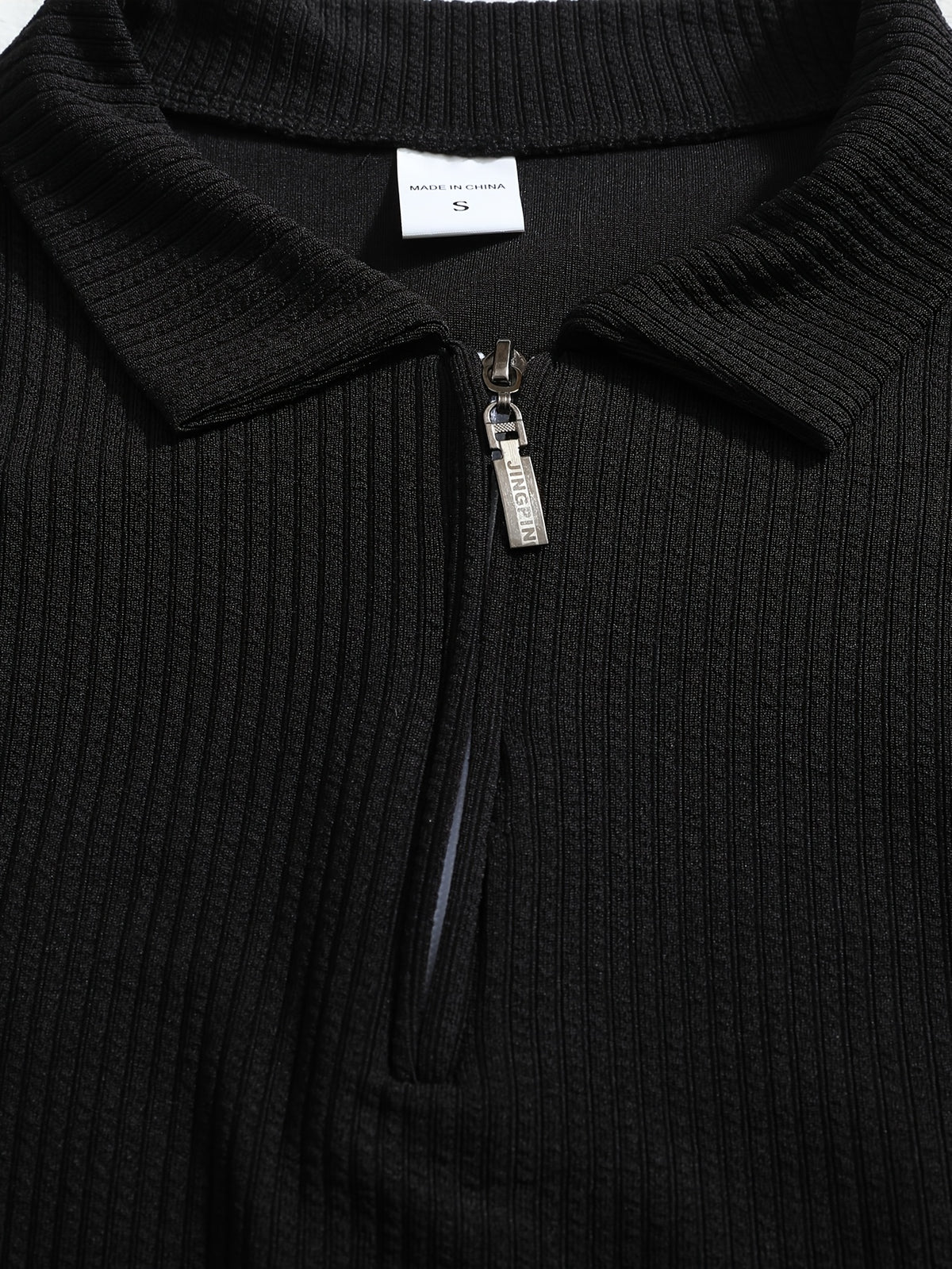 Men's Autumn/Winter Long-Sleeve Lapel Outdoor Casual Sports Printed Polo Shirt - Black