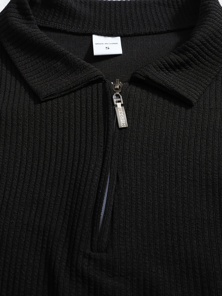 Men's Autumn/Winter Long Sleeve Lapel Outdoor Sports Printed Polo Shirt Casual Half-Zip Shirt - Black