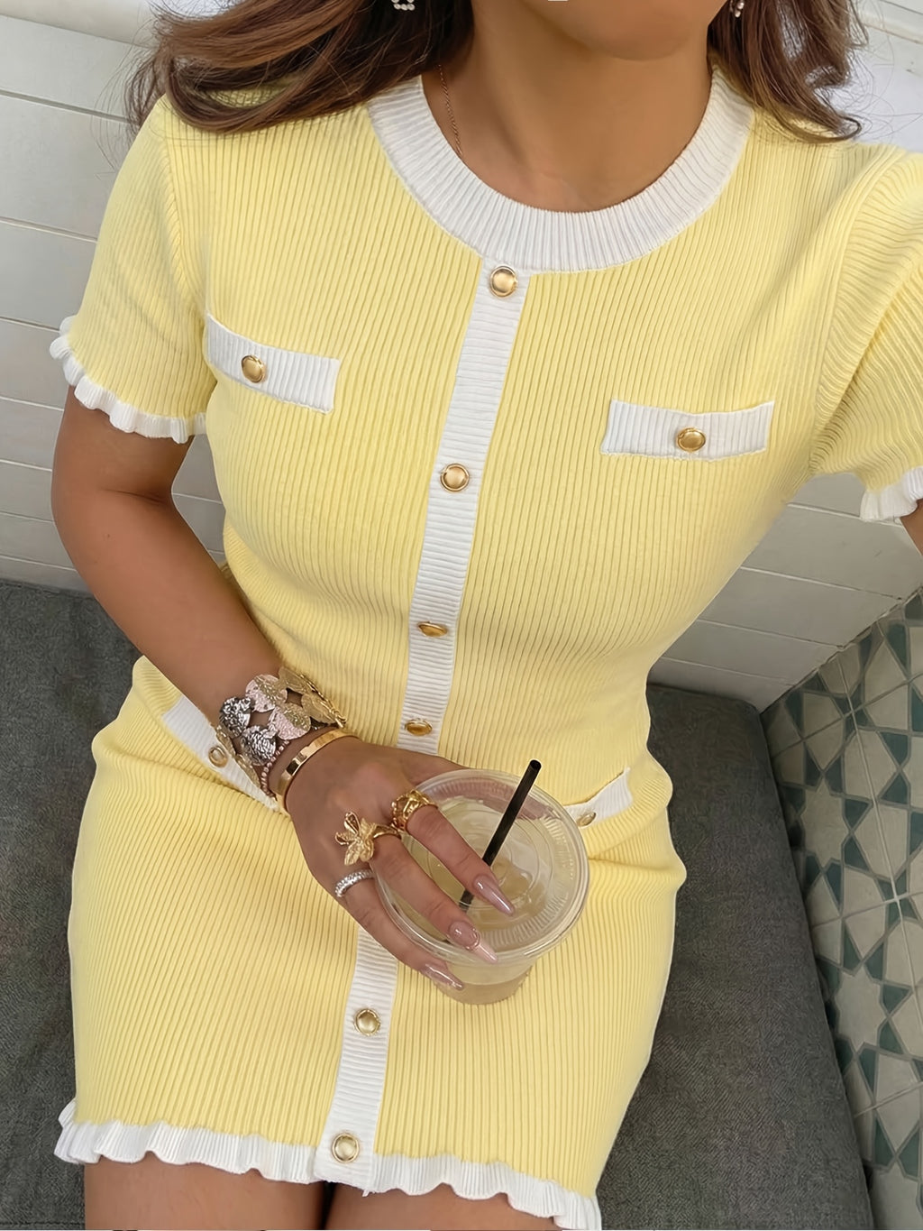Women'S New Spring Summer Elegant Color-Blocking Metal Button Dress, Suitable for Work with Elegant Ruffle Suit, Front Button Design, Suitable for Commuting, Daily Dating, And Taking Photos - Yellow