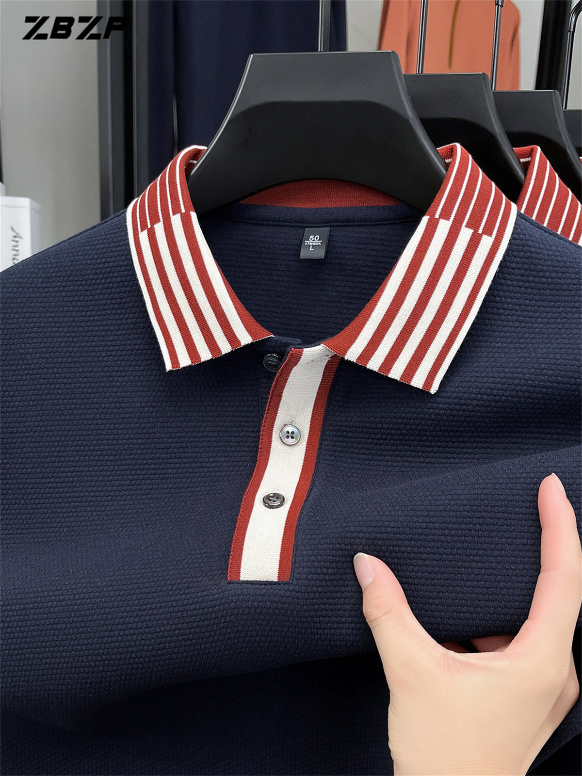 ZBZP New Spring, Autumn, Winter Men's Long Sleeve Polo Shirt, Lapel Pullover, Simple Business Casual High-End Breathable Long Sleeve T-Shirt, Men's Apparel DR - Navy Color