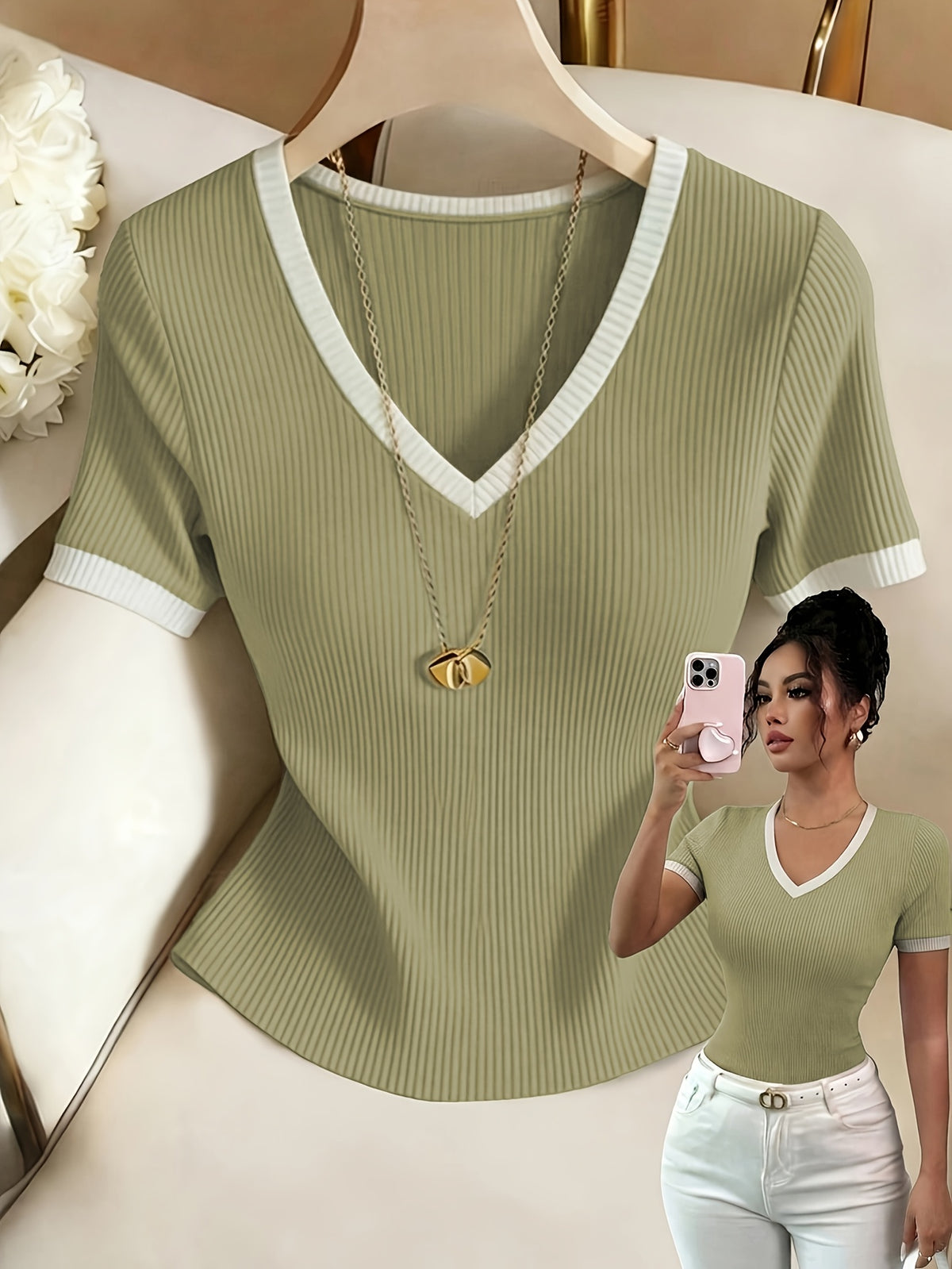 Summer New Ribbed Short Sleeve V-Neck White Lace Trim Slim Regular Length T-Shirt Top Women'S - Olive Green