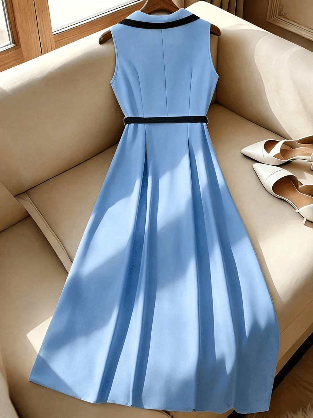 French Elegant Exquisite Light Blue Contrast Lapel Sleeveless Tank Dress, Front Button Placket with Black Belt Waist Cinch & Pleated Flared Midi Skirt, Fashion Slim-fit Luxury Temperament Women Outfit for Workplace Commute Dating Party - Sky Blue