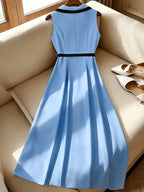 French Elegant Exquisite Light Blue Contrast Lapel Sleeveless Tank Dress, Front Button Placket with Black Belt Waist Cinch & Pleated Flared Midi Skirt, Fashion Slim-fit Luxury Temperament Women Outfit for Workplace Commute Dating Party - Sky Blue
