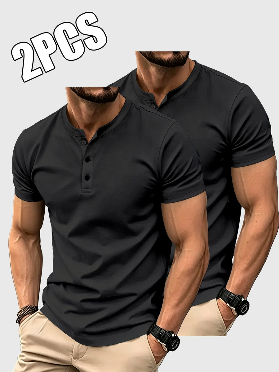 2pcs Set of Men'S Solid Color T-Shirts, Summer Classic Henley Shirts, Suitable for Casual Wear - Black