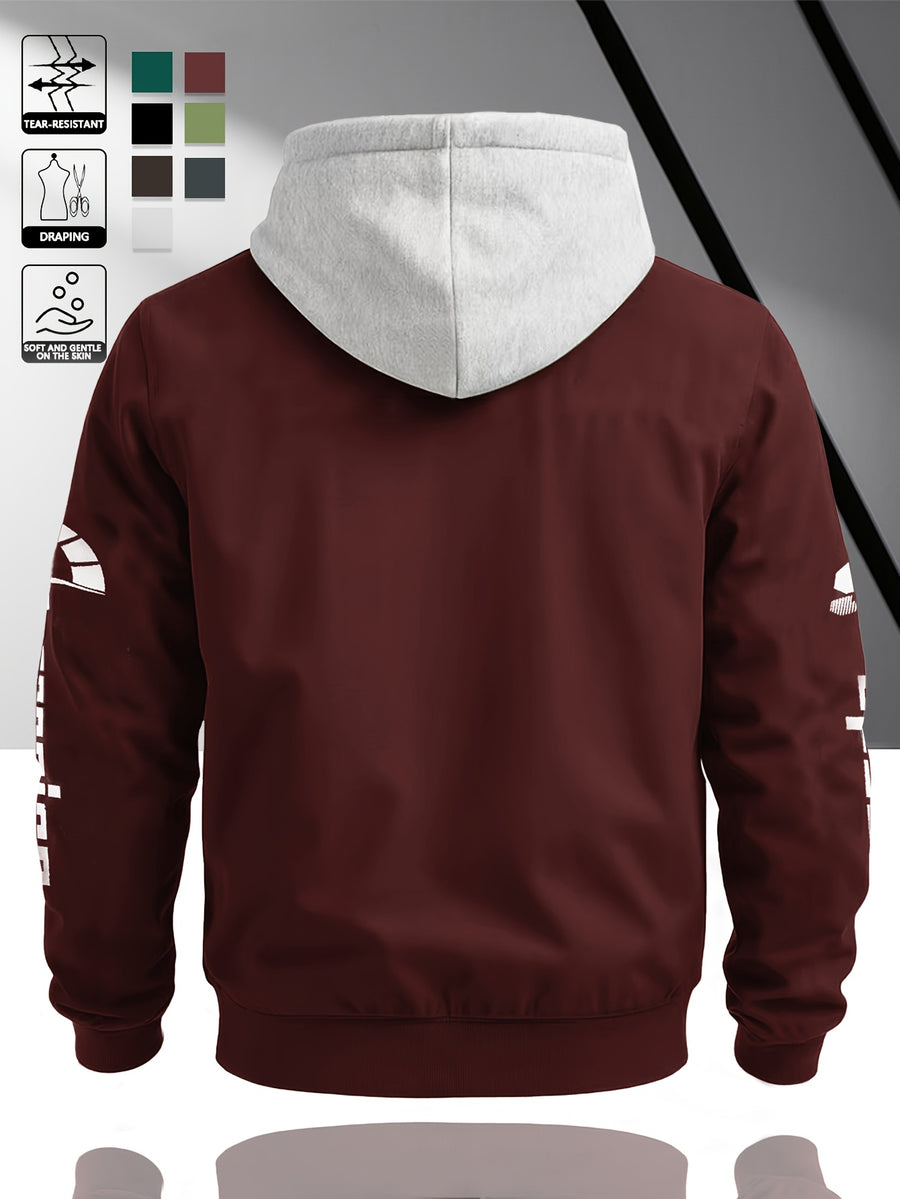 Fashion Casual Men'S Contrast Color Hooded Cardigan Long Sleeve Jacket, Letter Print, Comfortable And Versatile, Suitable for Autumn Winter JK5682, Sporty, Breathable, Regular Fit, Daily - Burgundy