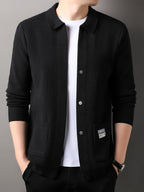 [Whale-Crossing Lan OBM] 1pc Autumn/Winter New Men'S Knit Cardigan, Old Money Style Solid Color Lapel Pocket Button-Front Single-Breasted Cardigan Men'S Business Casual Fashion Button-Front Knit Top, Suitable for Spring, Autumn, Winter Outerwear - Black