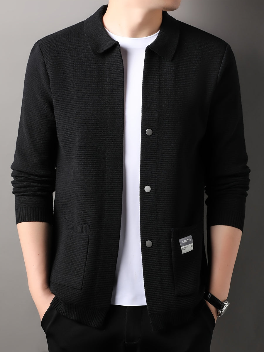 [Whale-Crossing Lan OBM] 1pc Autumn/Winter New Men'S Knit Cardigan, Old Money Style Solid Color Lapel Pocket Button-Front Single-Breasted Cardigan Men'S Business Casual Fashion Button-Front Knit Top, Suitable for Spring, Autumn, Winter Outerwear - Black