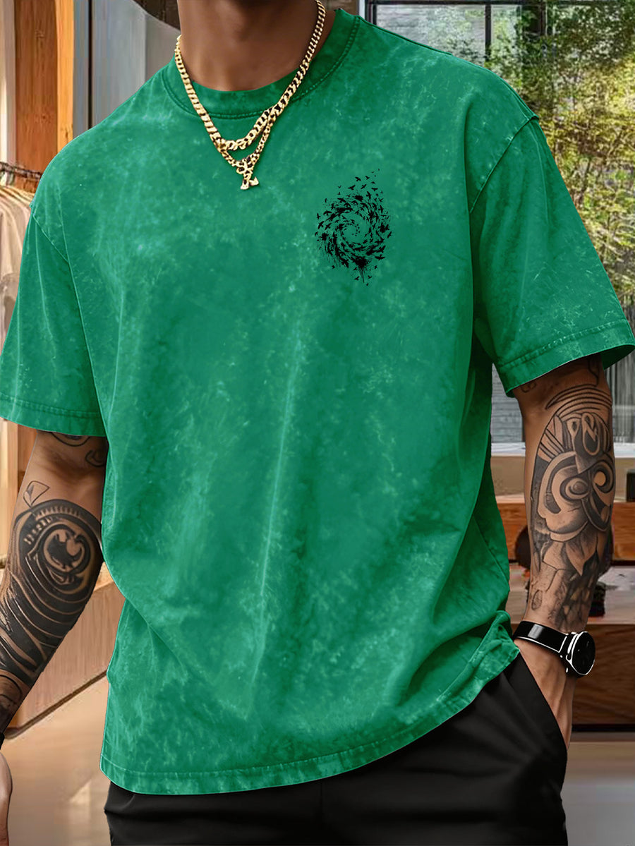 Men's Pure  Short-Sleeve Top with Trendy Double-Sided Print of Flocks of Birds and Spiral Ink Splatter Design, 12 Colors for  Mix-and-Match, Washed Distressed Loose Fit, National Trend Y2K Style for Commuting, Daily Outings, Sports - Green