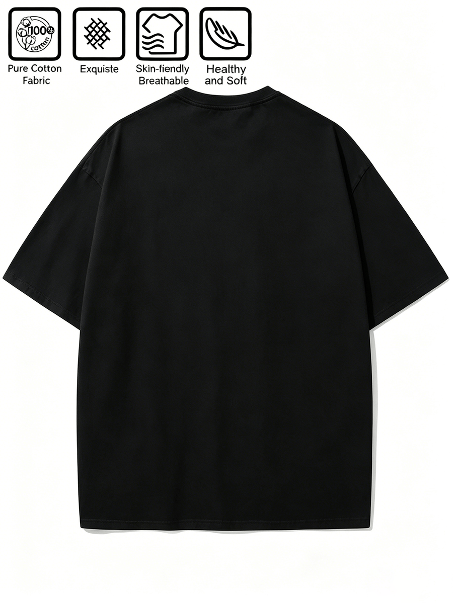 Cartoon Pattern Print T-Shirt, Round Neck Design, Pure Short Sleeve Street Casual Wear. Easy And Comfortable, Versatile Summer Short Sleeve T-Shirt, Suitable for Men'S Outdoor Activities, Gym Studio, Office Daily Wear - Black