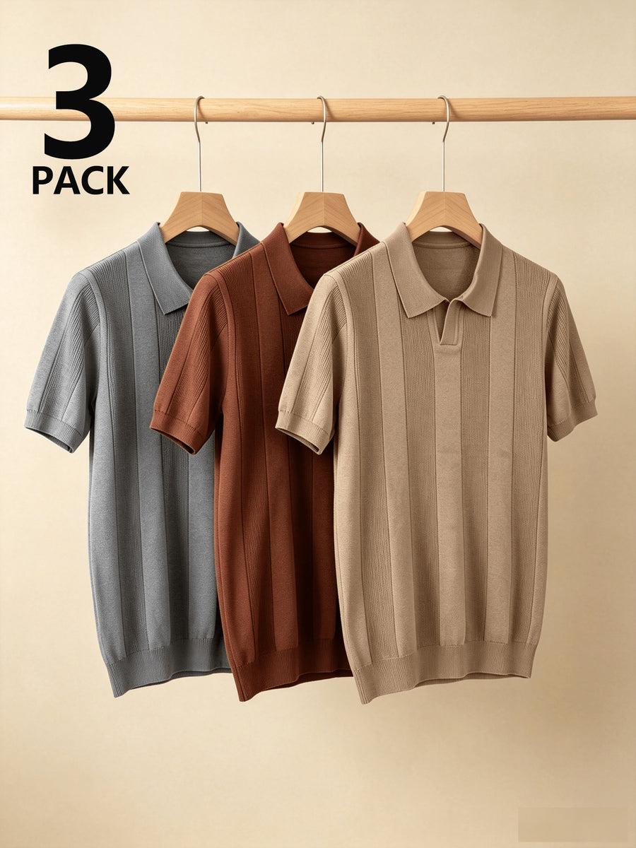 Men 3pcs Vertical Textured Knit Polo Shirts, Slim Fit Notch Collar Short Sleeve Knitwear, Lightweight Comfort Shirts for Office Vacation Daily Wear - Gray-Brown-Light Brown
