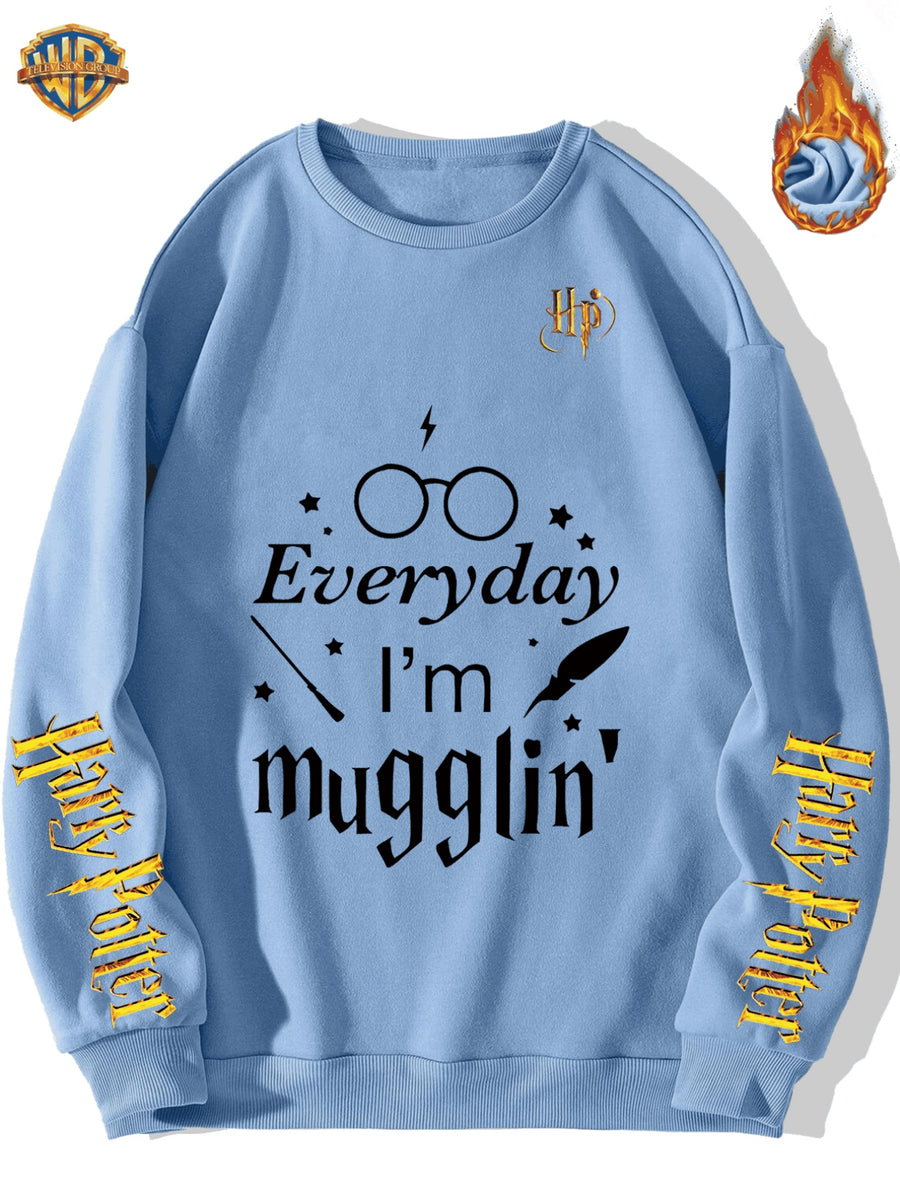 Round Neck Warner Bros. Licensed Fleece Sweatshirt Autumn Winter New Casual Loose Tom & Jerry Cartoon Print Top Men'S Trendy All-Match Warm Jacket - Light Blue