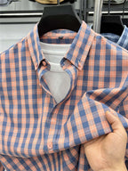 Men's Loose-Fit Thin Plaid Long-Sleeve Shirt for Spring, Summer, and Autumn, New Fashionable Casual Shirt for Young and Middle-Aged Men, Damai - Red Grid