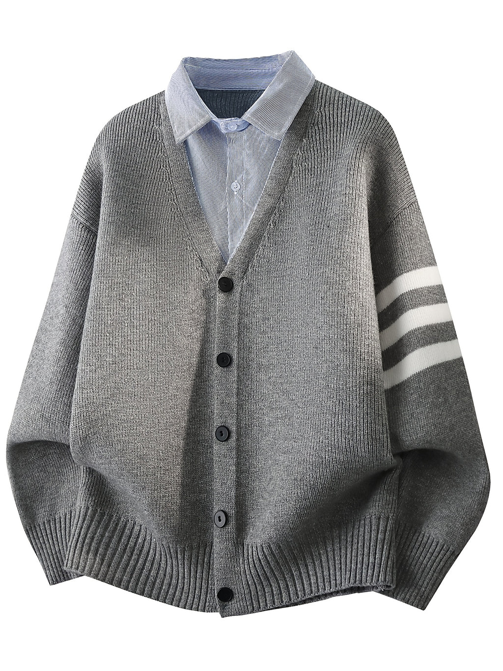 Du Jing Lan OBM 1pc Autumn/Winter New Arrival Men's Knit Cardigan, Old Money Style Contrast Color Single-Breasted 2-in-1 Look Lapel Open-Front Knit Cardigan, Men's Business Casual Fashion Open-Front Knit Cardigan Top, Suitable for Layering in Spring - Grey