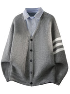 Du Jing Lan OBM 1pc Autumn/Winter New Arrival Men's Knit Cardigan, Old Money Style Contrast Color Single-Breasted 2-in-1 Look Lapel Open-Front Knit Cardigan, Men's Business Casual Fashion Open-Front Knit Cardigan Top, Suitable for Layering in Spring - Grey