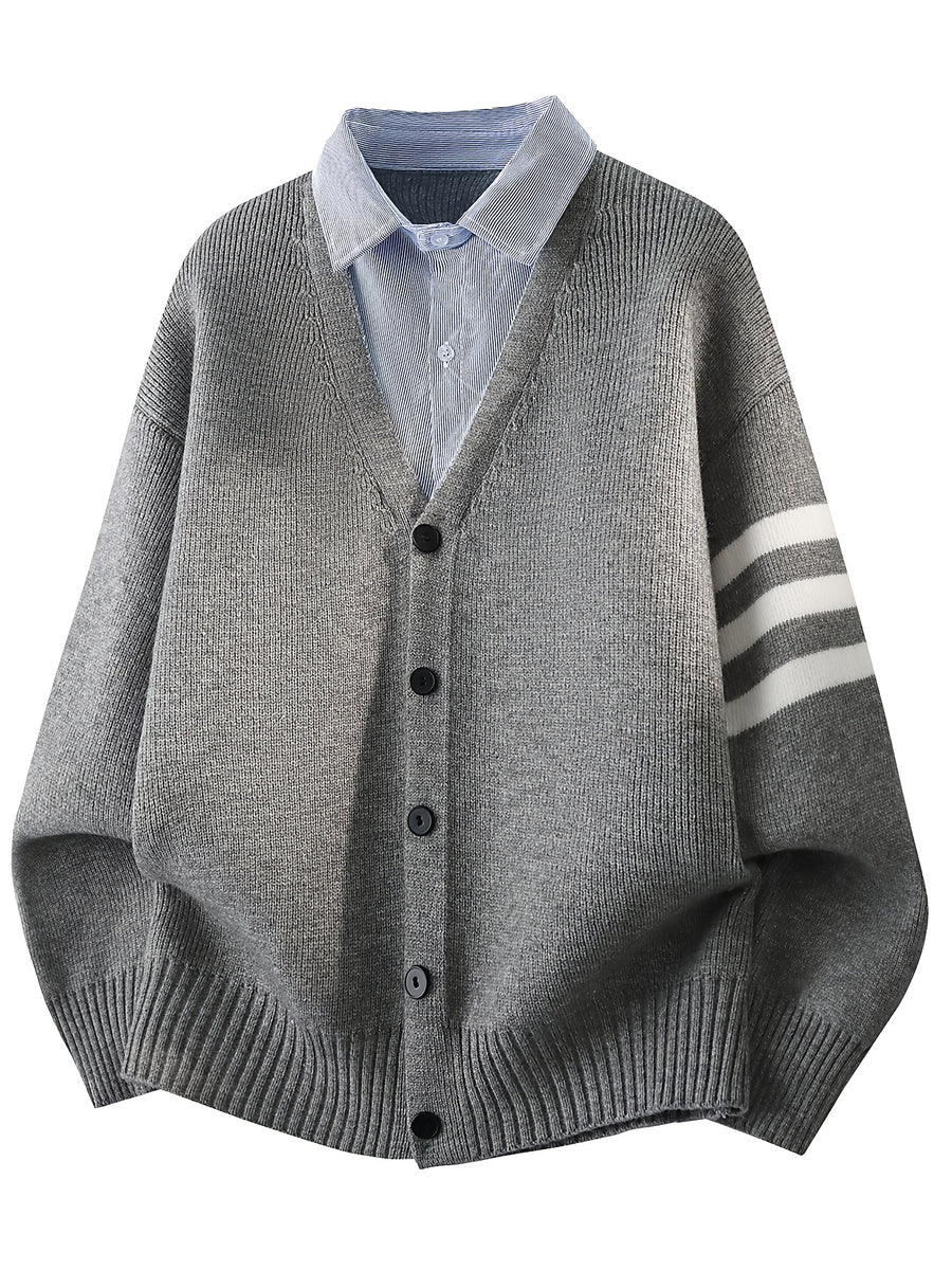 Du Jing Lan OBM 1pc Autumn/Winter New Arrival Men's Knit Cardigan, Old Money Style Contrast Color Single-Breasted 2-in-1 Look Lapel Open-Front Knit Cardigan, Men's Business Casual Fashion Open-Front Knit Cardigan Top, Suitable for Layering in Spring - Grey
