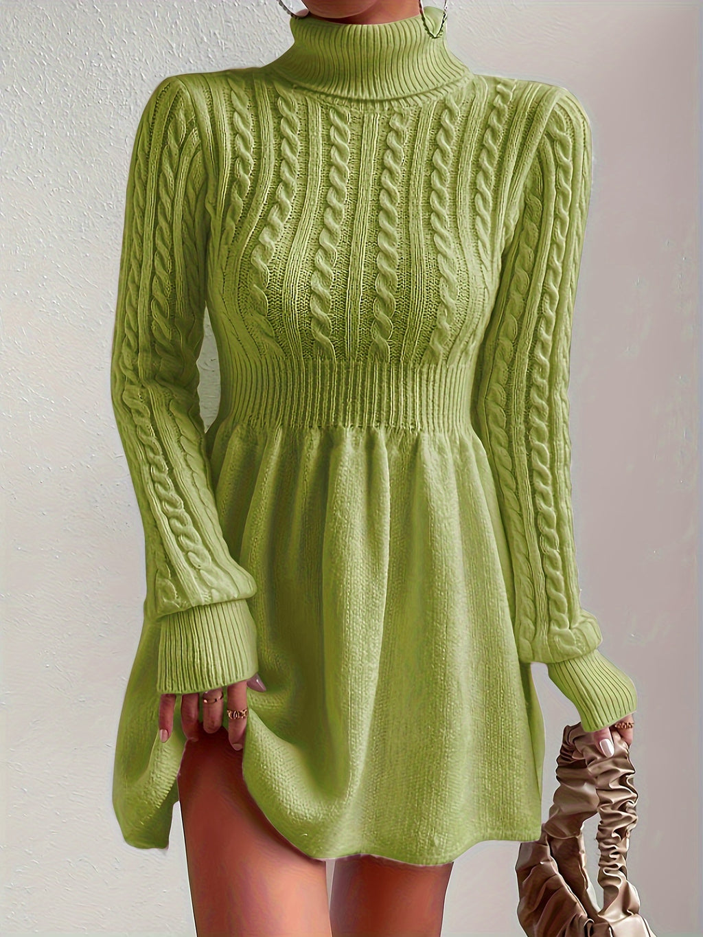 High-Neck Pink Mini Sweater Dress A-Line Dress Christmas Sweater Dress for Women - Yellow-green