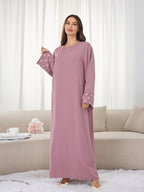 1pc (Headscarf Not Included) Elegant Cute Cuffed Small Daisy Embroidery Dress, Fashionable, Elegant, And Casual Abaya Dress with Embroidered Small Chrysanthemums at The Cuffs, No Scarf, Solid Color, Suitable for Daily Wear - Fuchsia