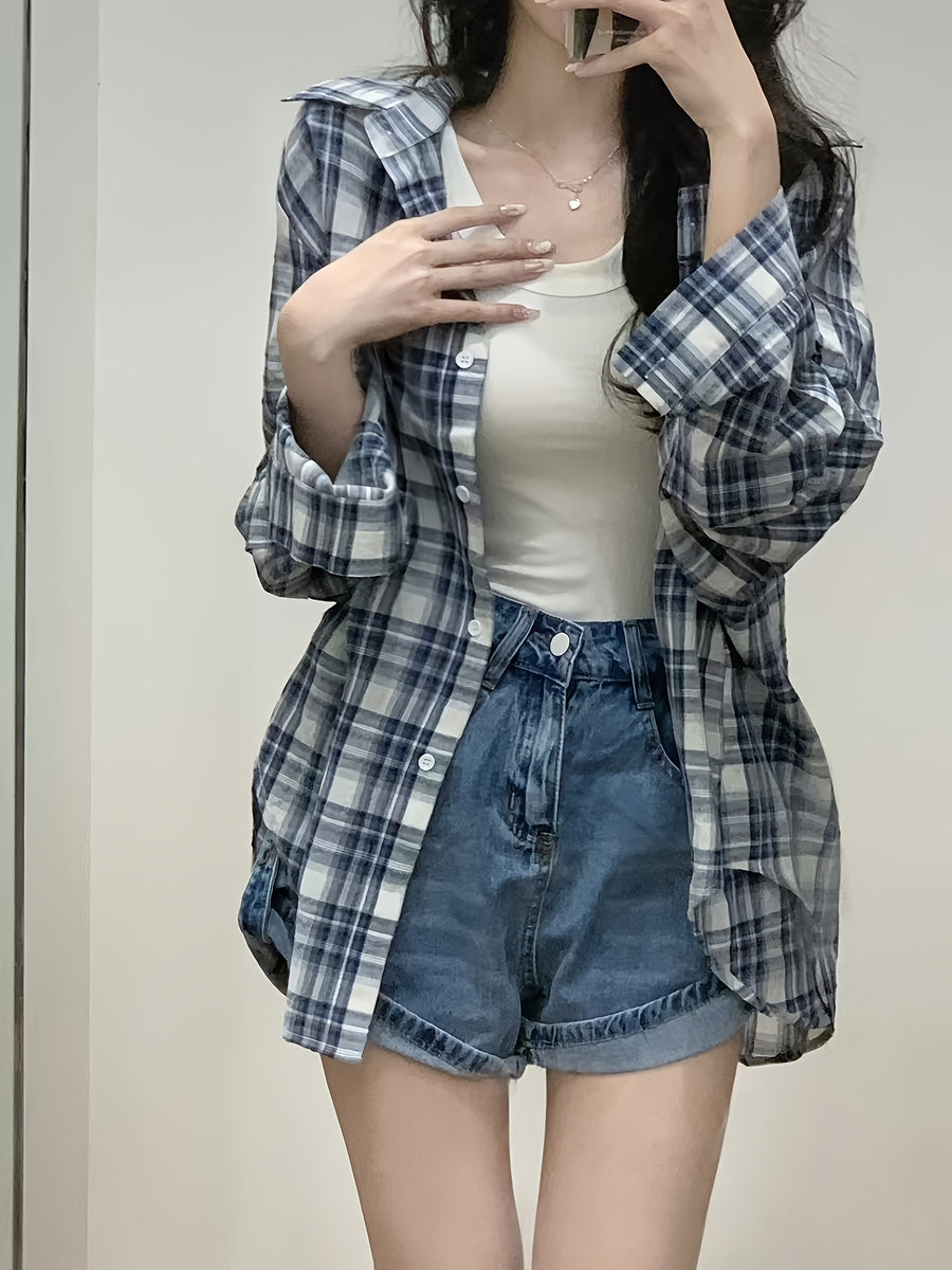 Women'S Shirt Multicolor Brushed Plaid Shirt Loose Top - Blue