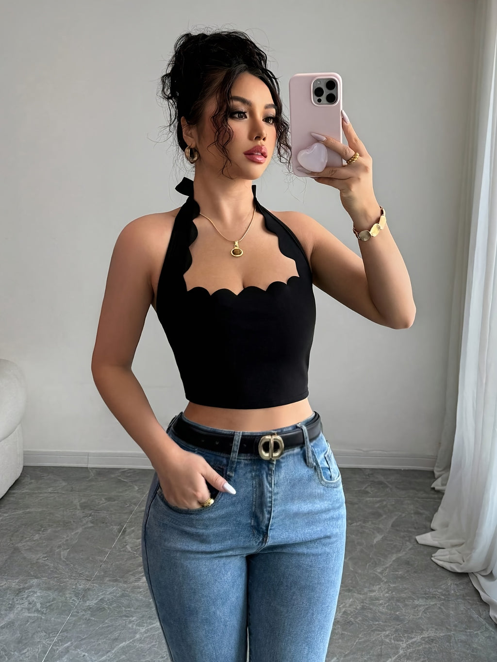 Fashion Women's Sexy Vacation Ruffle Trim Crop Tank Top - Black