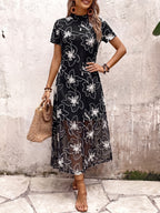 Summer New Arrival Stand Collar Waist Elegant Long Dress, Light Mature Style Mesh Embroidered Dress for Women - Black