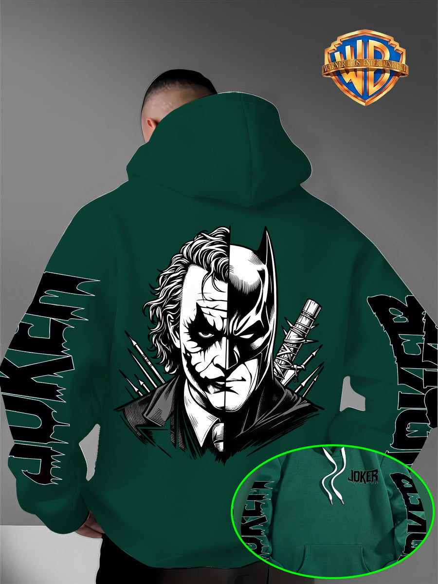 Men'S Warner DC Comics Enthusiast Autumn Winter Hooded Sweatshirt, Batman Joker Half-And-Half Black White Sketch Double-Sided Print Loose Casual Hoodie, Suitable for Superhero Fans, Campus Daily Outings, Casual Shopping - Green