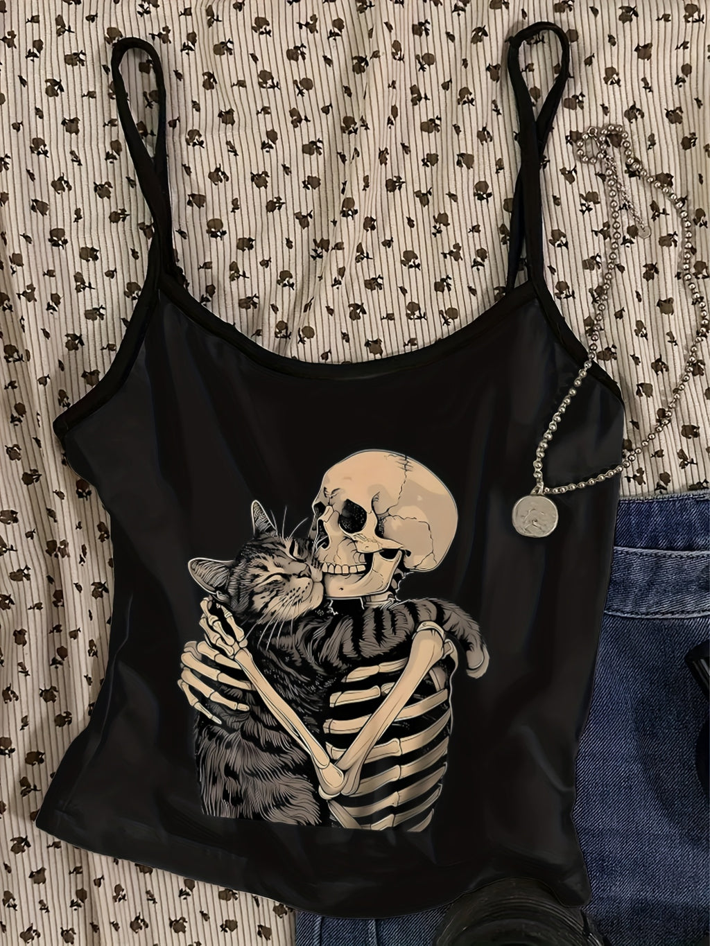Casual and Simple Spaghetti Strap Tank Top with Skull, Cat, and Music Festival Prints, Perfect for Summer Vacations - Black