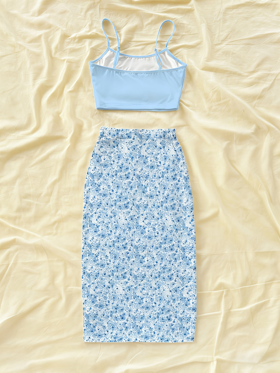 Women's Fashion Casual Floral Print Crop Camisole Top and Bodycon Skirt 2pcs Set - Light Blue