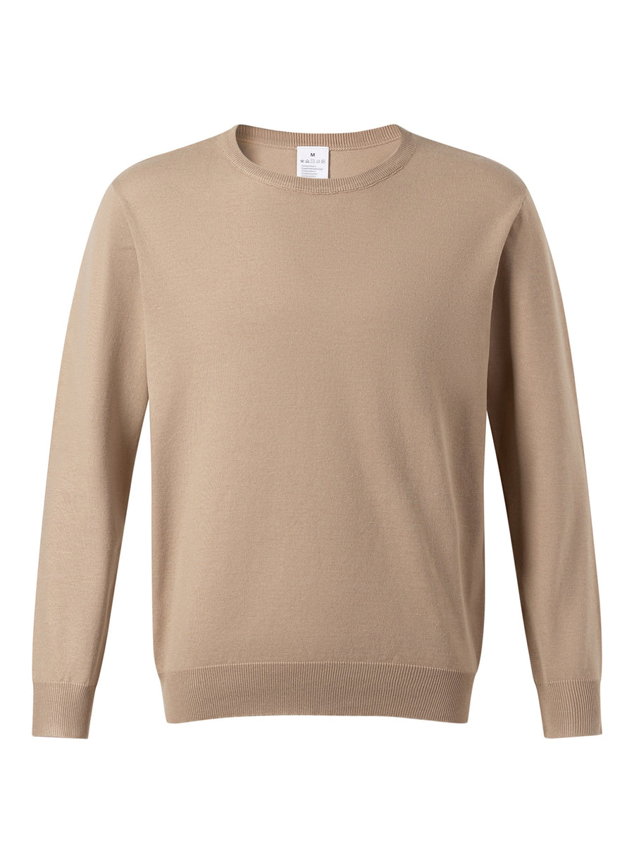 Men's Long-Sleeve Knit Sweater, Simple Style, Fashionable Men's Apparel, Regular Fit Versatile Crew Neck Knit T-Shirt, Suitable for Outdoor Leisure and Daily Wear - Light Brown-1