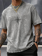 Men's Washed Distressed Pure Cotton Loose Fit Drop Shoulder T-Shirt with Vintage Compass and Anchor Line Graphic Print on Front and Back, Versatile American Streetwear High Street Hip-Hop Style, Couple's Matching Outfit for Streetwear, Daily Outings - Grey