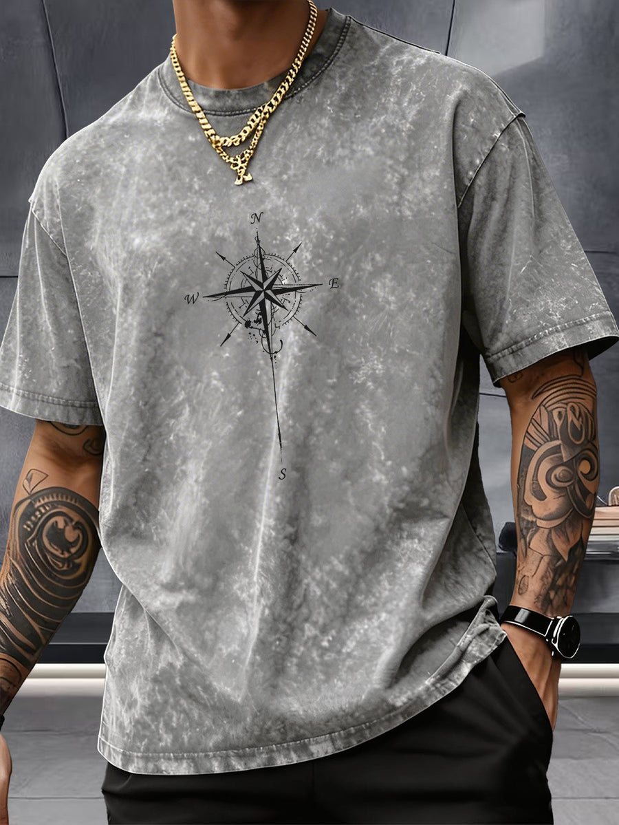 Men's Washed Distressed Pure Cotton Loose Fit Drop Shoulder T-Shirt with Vintage Compass and Anchor Line Graphic Print on Front and Back, Versatile American Streetwear High Street Hip-Hop Style, Couple's Matching Outfit for Streetwear, Daily Outings - Grey