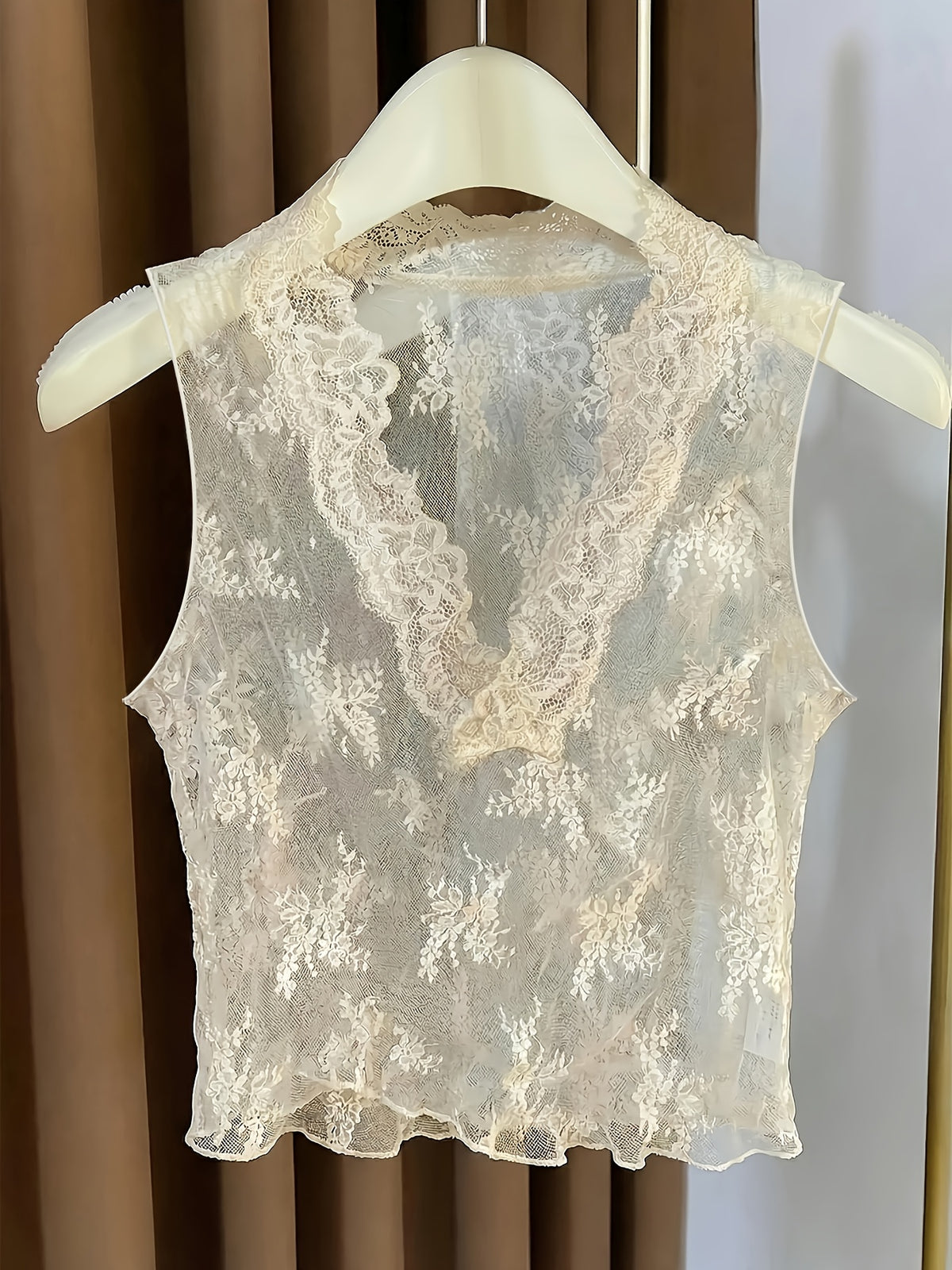 Spring/Autumn French-Style Layered Lace Camisole for Women, New Deep V-Neck Inner Wear with Mesh Strap Tank Top and Faux Collar, Niannian - Apricot