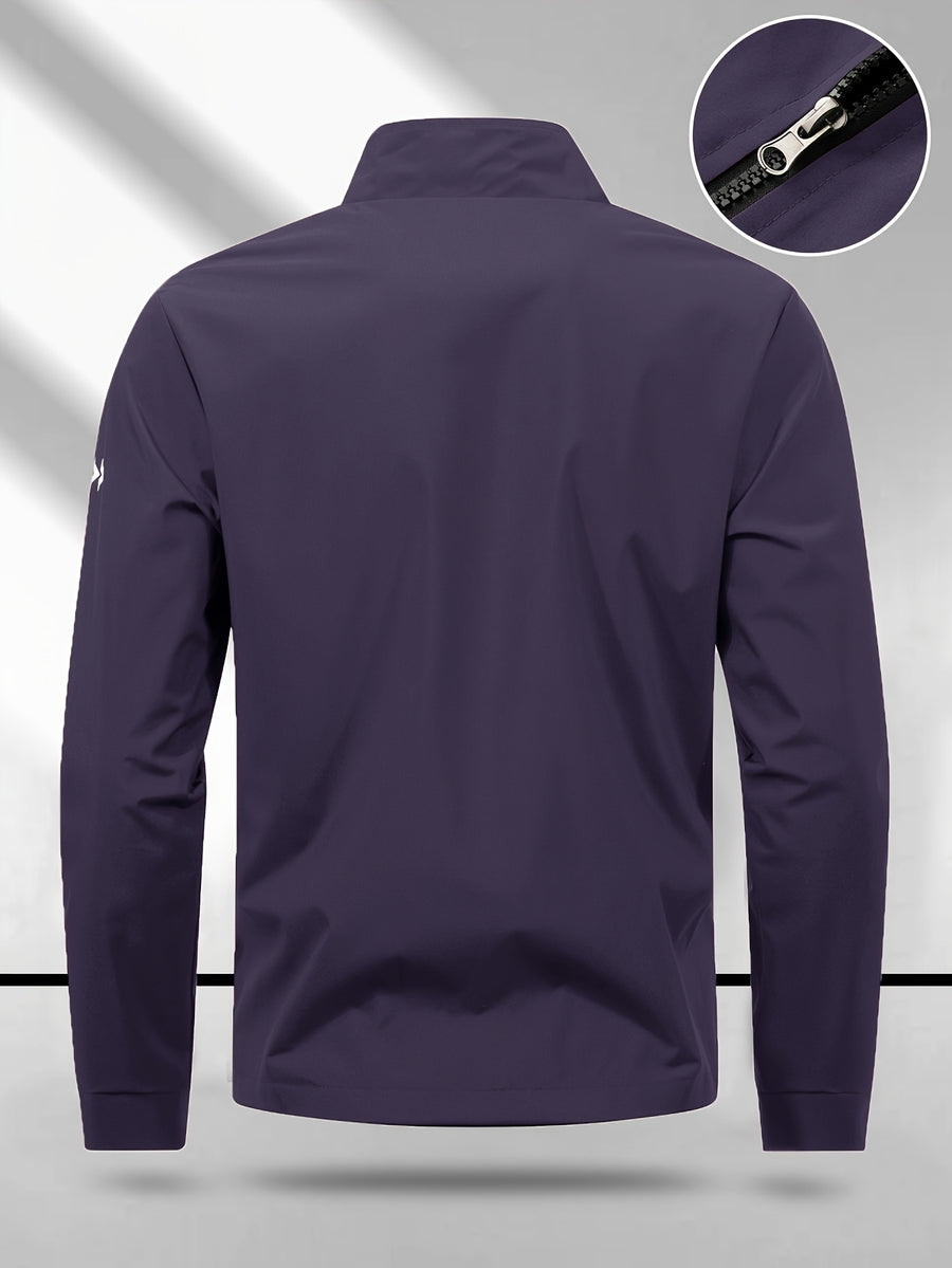 Trendy Vintage Men's Spring/Autumn New Casual Versatile Jacket Outdoor Sports Windproof Coat with Contrasting Color Stand Collar, Transitional Layering Essentials - Deep Purple