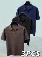 Du Jing Lan OBM 3pcs Set: New Spring/Summer Men's Knitted Pullover, Old Money Style Solid Color Plaid Openwork Breathable Short-Sleeve T-Shirt, Men's Business Casual Fashion Half-Placket Lapel Knit Polo Shirt Base Layer Top. Suitable for Wearing - coffee+black+navy