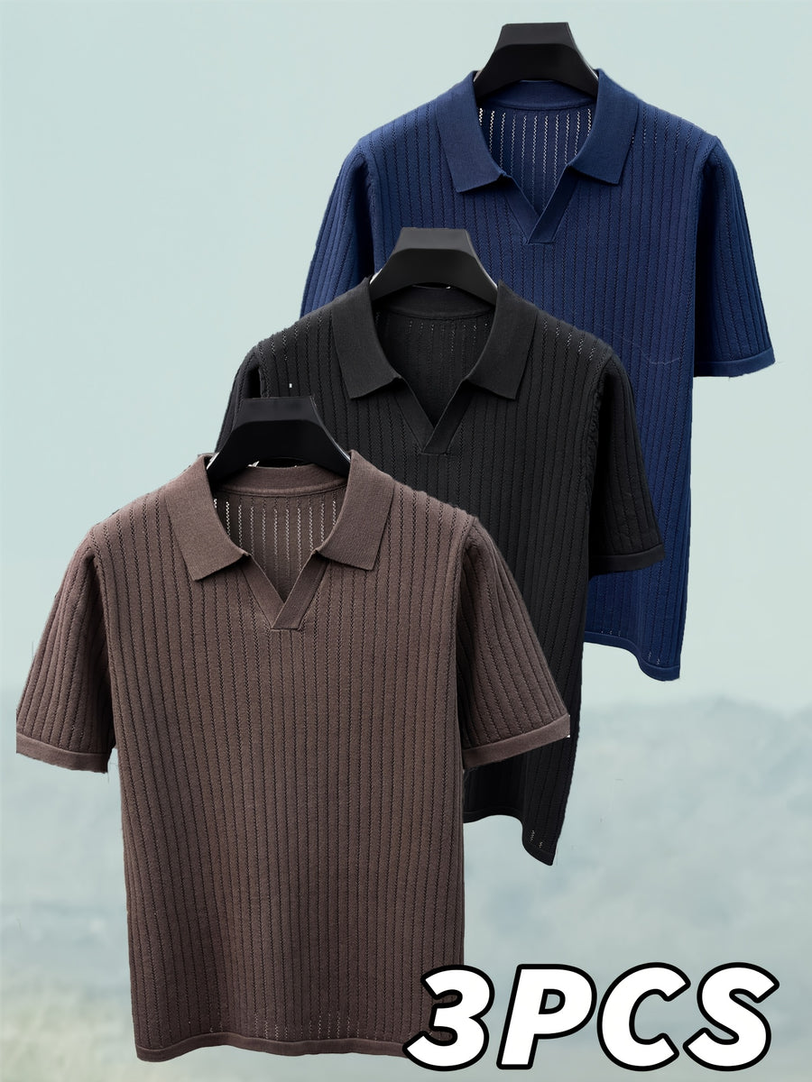 Du Jing Lan OBM 3pcs Set: New Spring/Summer Men's Knitted Pullover, Old Money Style Solid Color Plaid Openwork Breathable Short-Sleeve T-Shirt, Men's Business Casual Fashion Half-Placket Lapel Knit Polo Shirt Base Layer Top. Suitable for Wearing - coffee+black+navy