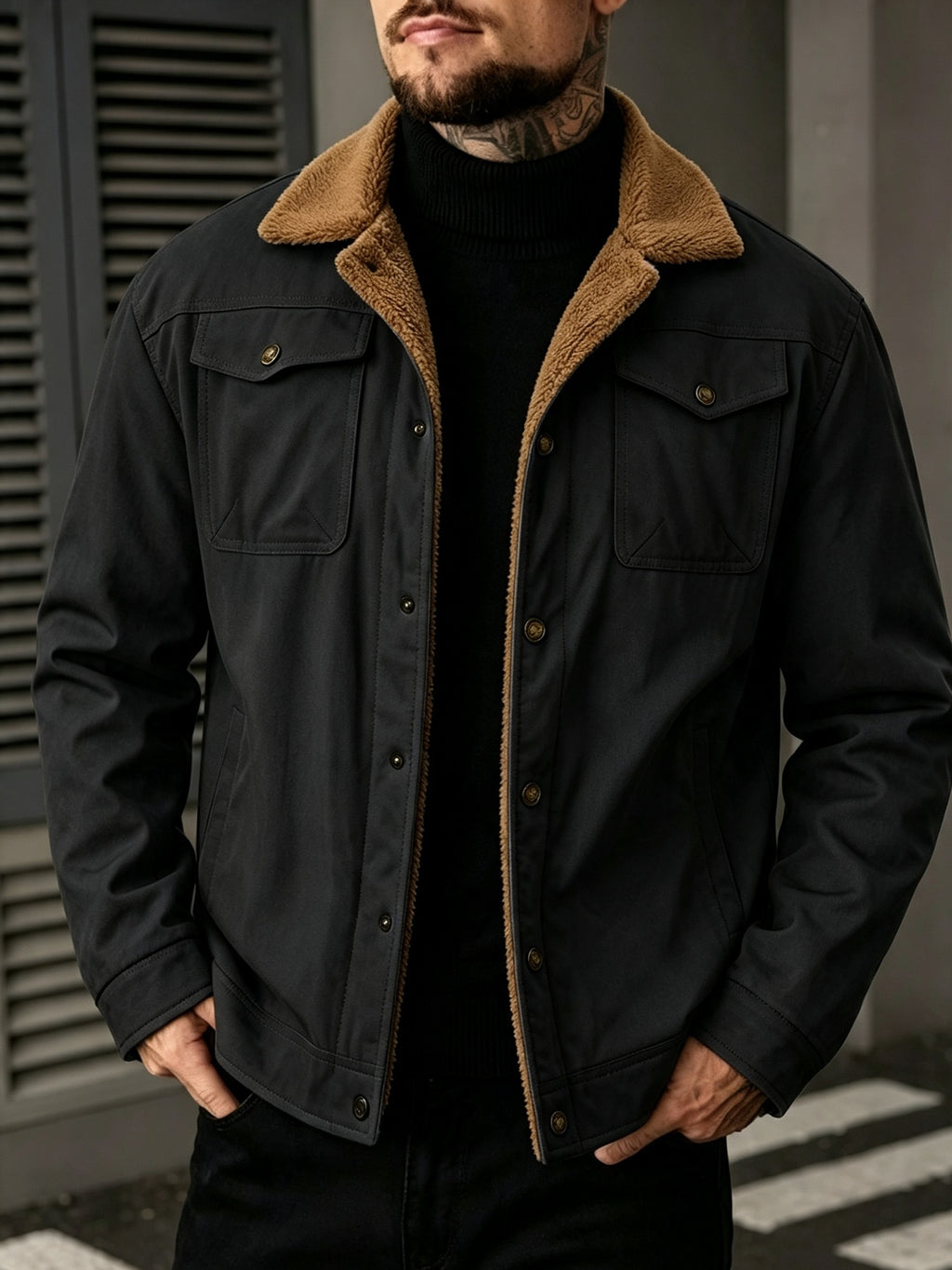 2026 European American New Men'S Outing Fashion Trendy Fleece Warm Jacket Coat - Black