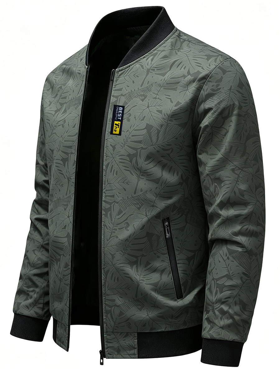 Men's Baseball Collar Print Casual Jacket, Outdoor Windproof Coat with Zipper Pockets Warm Soft Jacket - fern green