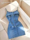 [Printed Dress - Not Faux Denim Fabric]Women'S Faux Denim Effect Printed Cami Mini Dress - Sea Blue