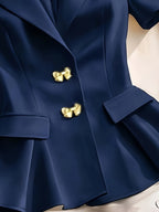 Elegant Women'S Solid Color Short Sleeve Lapel Blazer, Metal Button Detail Blazer, Suitable for Commuting, Vacation, Business, And Casual Wear - Navy Color