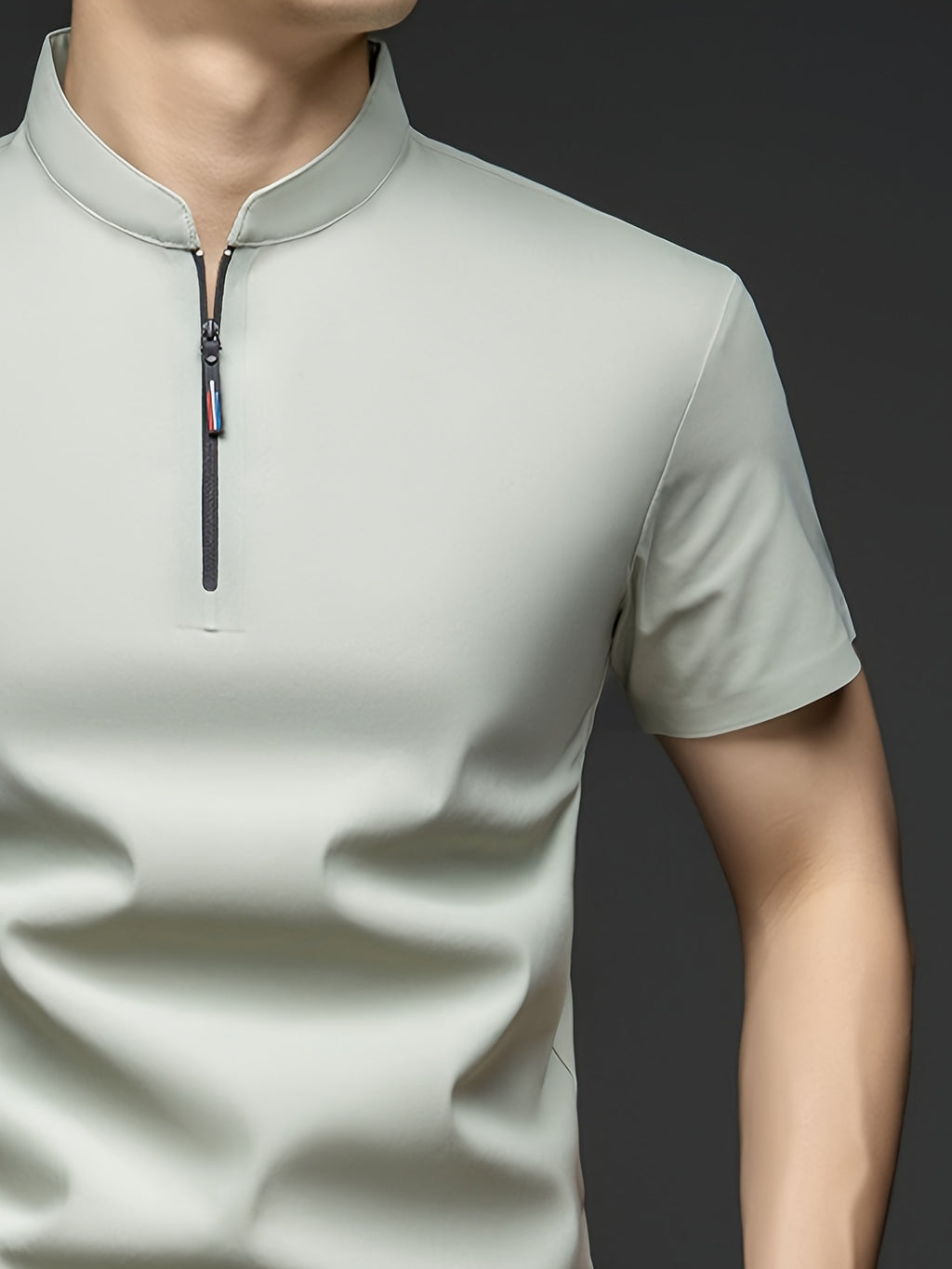 Summer Men'S Short Sleeve T-Shirt, Classic Mandarin Collar with Half Zipper, Smooth And Wrinkle-Resistant, Self-Cooling, Good Drape, Essential Top for Daily, Dating, And Light Business - Mint Green