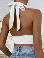 Women's Adjustable Halter Neck Tank Top - Lightweight Breathable Casual Beachwear, Solid Color, Machine Washable for Spring Summer Fall - White