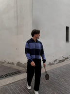 OBM Autumn/Winter Men's New American-Style Color-Blocked Wide Stripe Patchwork Lapel Polo Design Knit Sweater, Long Sleeve Loose Short Casual Street Style Pullover Top, Suitable for Daily Outings, Streetwear, College, and Commuter Fashion - Navy Color