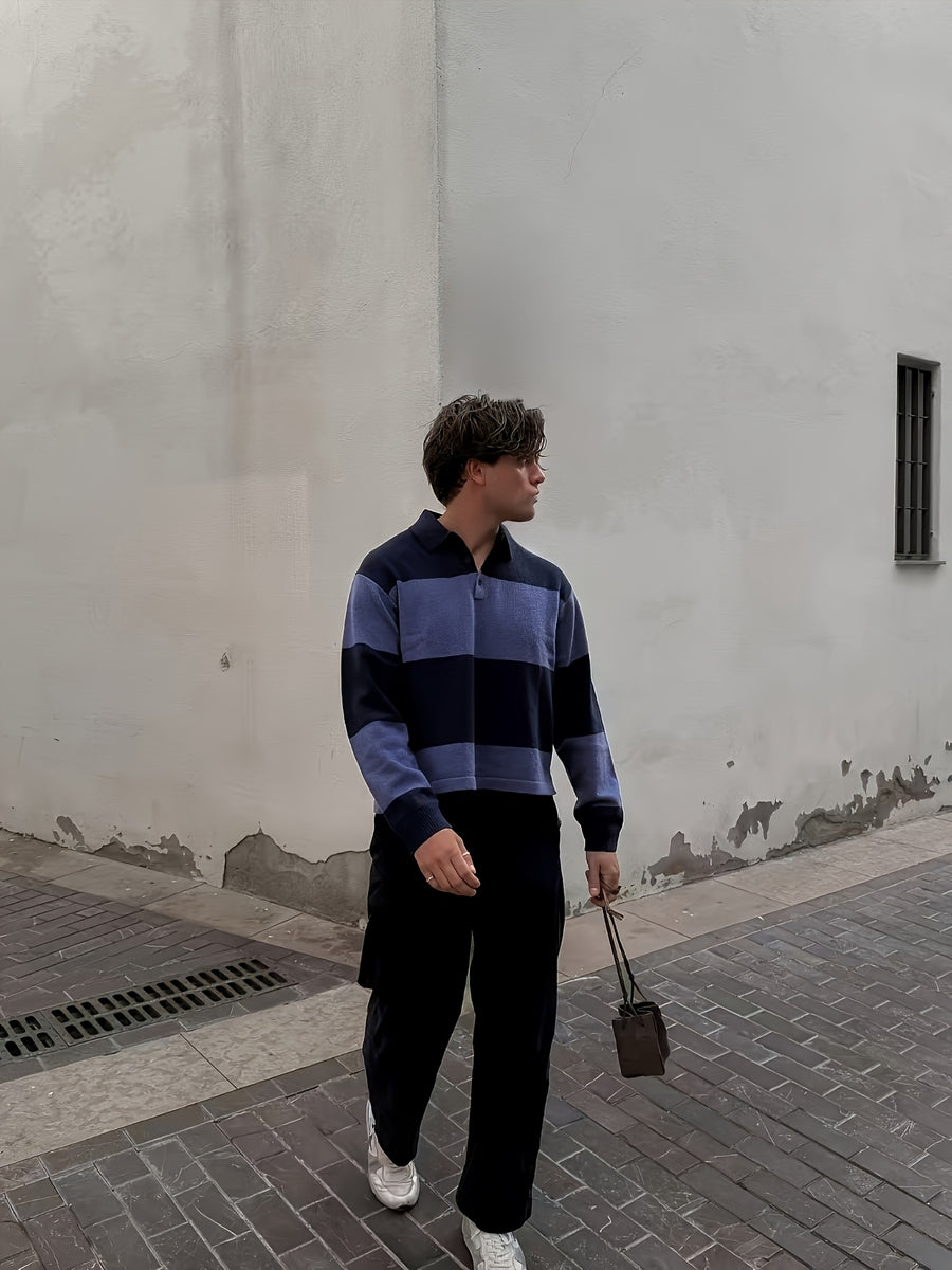 OBM Autumn/Winter Men's New American-Style Color-Blocked Wide Stripe Patchwork Lapel Polo Design Knit Sweater, Long Sleeve Loose Short Casual Street Style Pullover Top, Suitable for Daily Outings, Streetwear, College, and Commuter Fashion - Navy Color