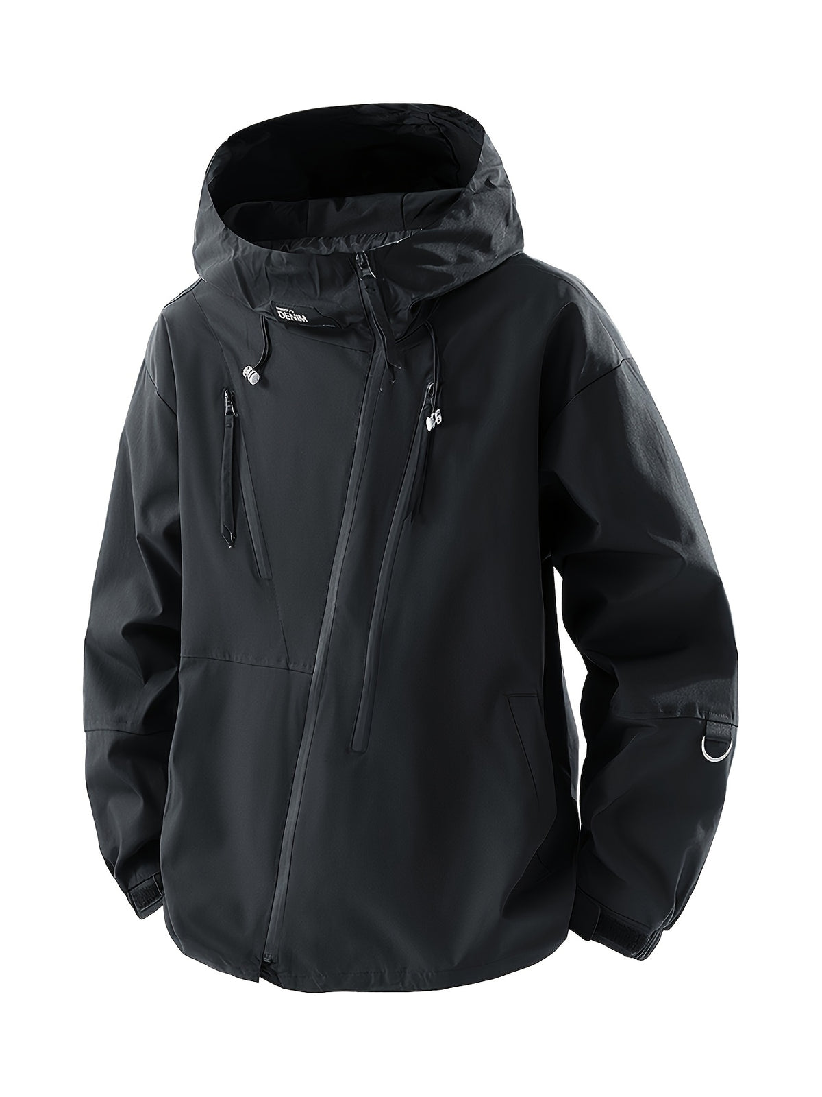 [Pearson OBM] Mountain Style Men'S Jacket Hooded Windbreaker, Irregular Zipper, Collar with Personalized Label, Imported Zipper, Fashionable And Individual, Easy Pockets, Suitable for Autumn Winter Sports, Casual - Black