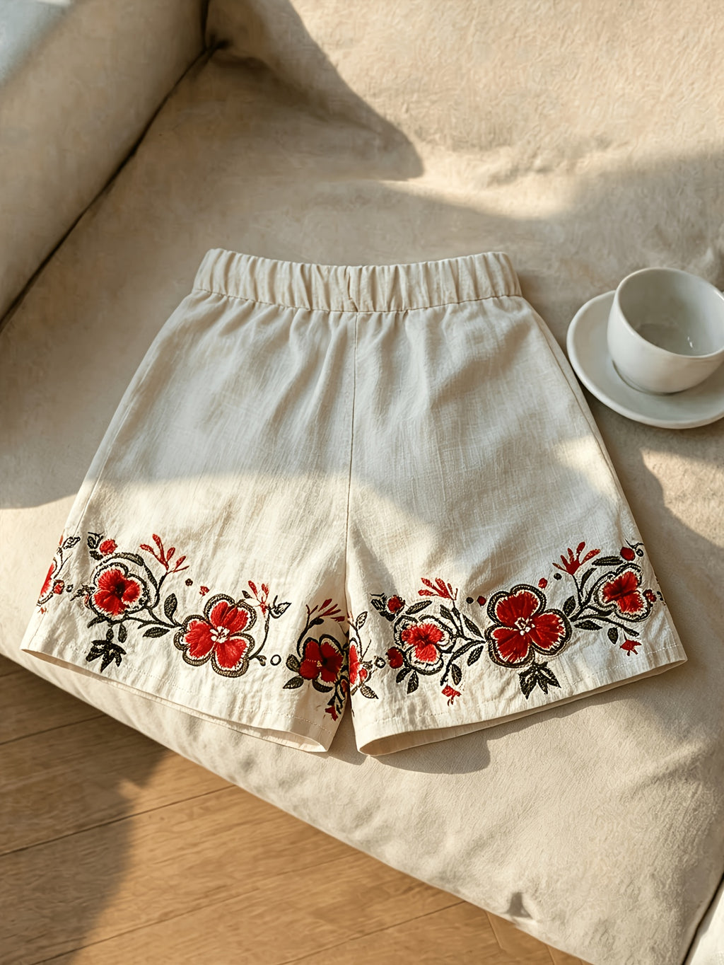 New Versatile Apricot Ethnic Style Print Shorts Fake Drawstring Loose Vacation Style Casual Shorts ZLLZ - Apricot