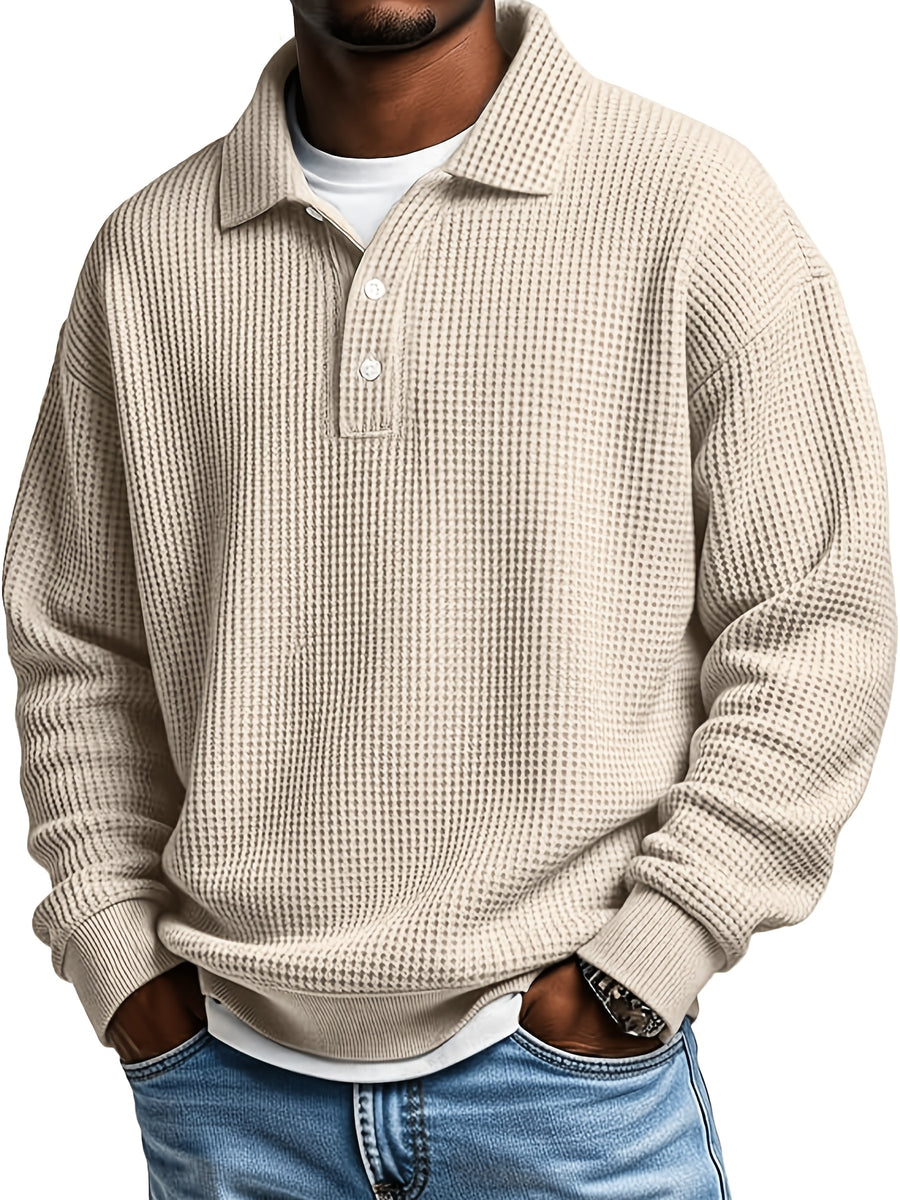 Men'S Waffle Checkered Color-Block Long Sleeve Collared Sweatshirt, Solid Color Patchwork Pullover, Traditional Casual Design with Outdoor Layering Long Sleeve, Suitable for Various Activities - Khaki