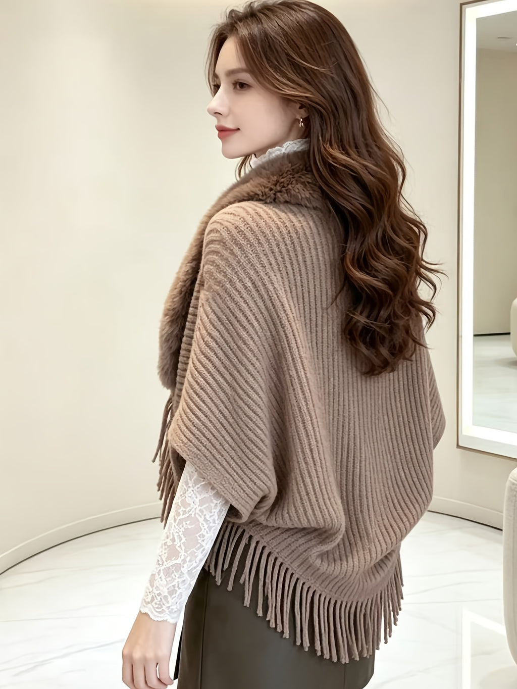 Women'S Cardigan, Autumn Winter Fashion Faux Tassel Cape Scarf Jacket - Lightweight Warm Outerwear for Parties, Office, Casual Wear - Elegant Autumnal Accessory, Trendy Scarf, Office Essential, Holiday Gift - Khaki