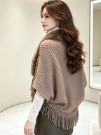 Women'S Cardigan, Autumn Winter Fashion Faux Tassel Cape Scarf Jacket - Lightweight Warm Outerwear for Parties, Office, Casual Wear - Elegant Autumnal Accessory, Trendy Scarf, Office Essential, Holiday Gift - Khaki