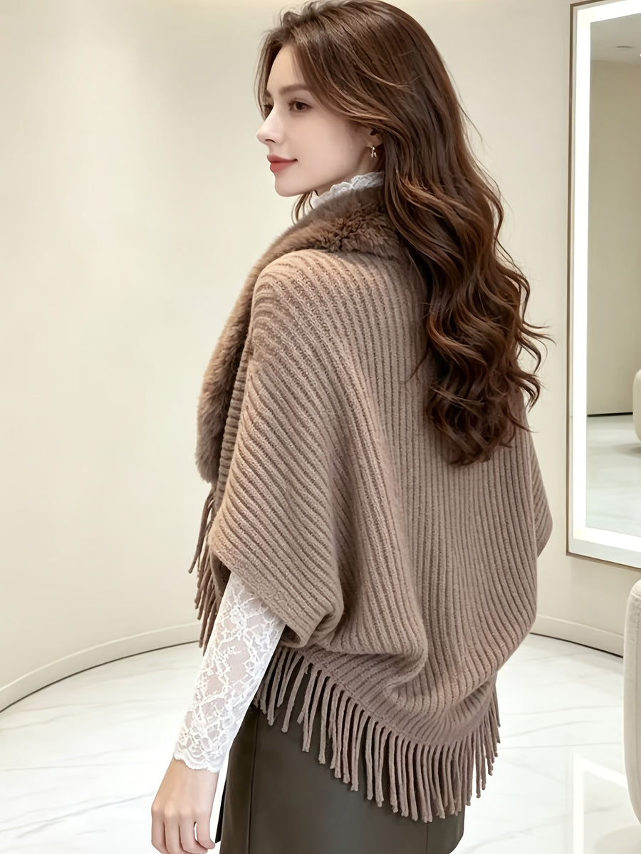 Women'S Cardigan, Autumn Winter Fashion Faux Tassel Cape Scarf Jacket - Lightweight Warm Outerwear for Parties, Office, Casual Wear - Elegant Autumnal Accessory, Trendy Scarf, Office Essential, Holiday Gift - Khaki
