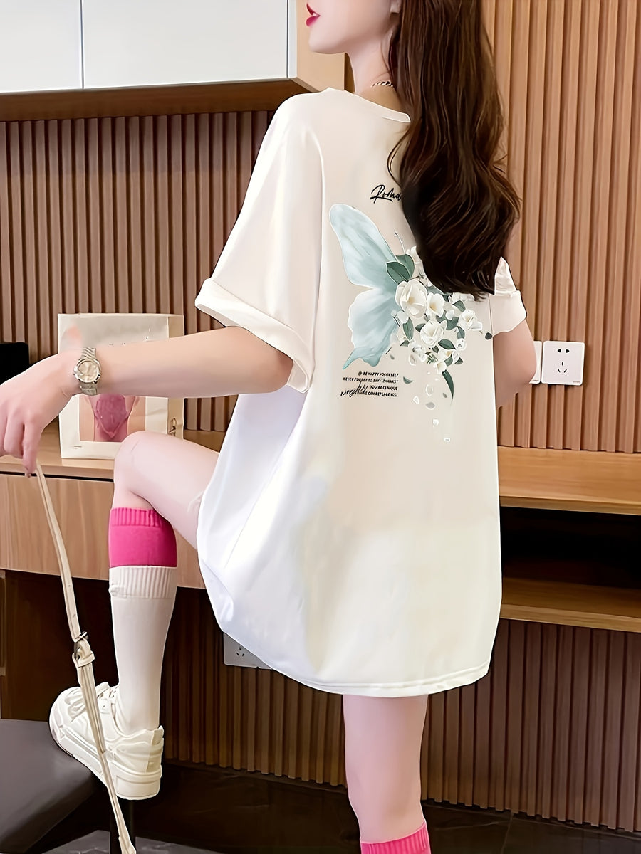 Women's Oversized Short-Sleeve T-Shirt with Double-Sided Butterfly Print - Soft Breathable Polyester Blouse-Compatible Top | Round Neck Loose Fit Casual Shirt Suitable for Spring/Summer Casual Attire, Machine Washable - White